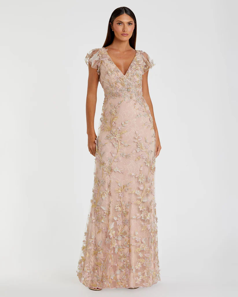 Mac Duggal Embroidered Applique Flutter Sleeve Gown - Rose Gold
