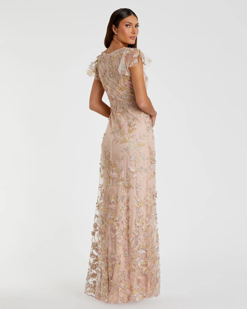 Mac Duggal Embroidered Applique Flutter Sleeve Gown - Rose Gold Mac Duggal Embroidered Applique Flutter Sleeve Gown - Rose Gold