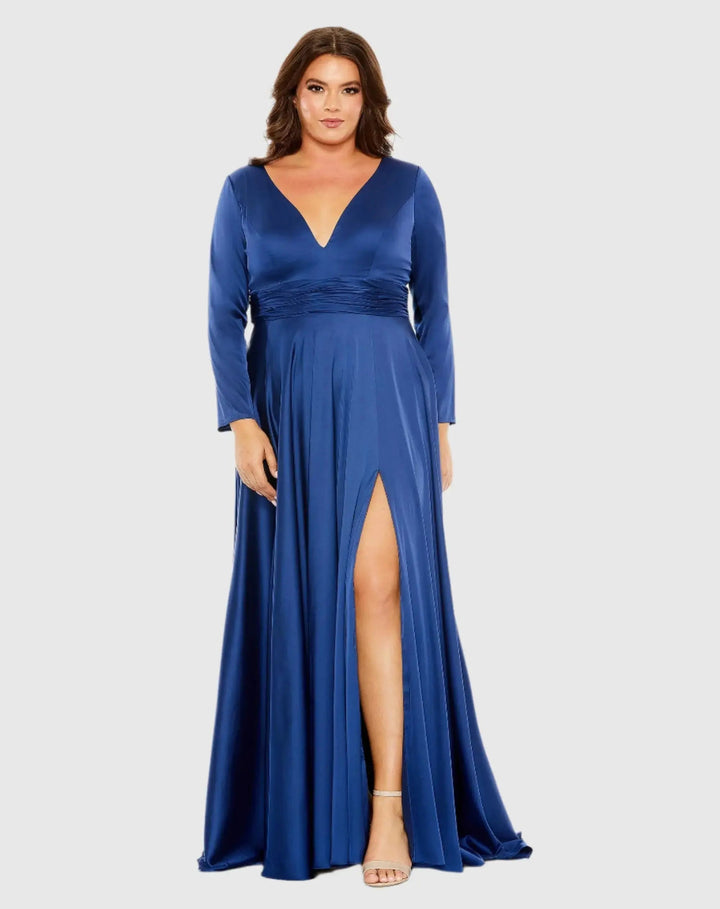 Mac Duggal 68436 Long Sleeve V Neck A Line Gown (Plus)
