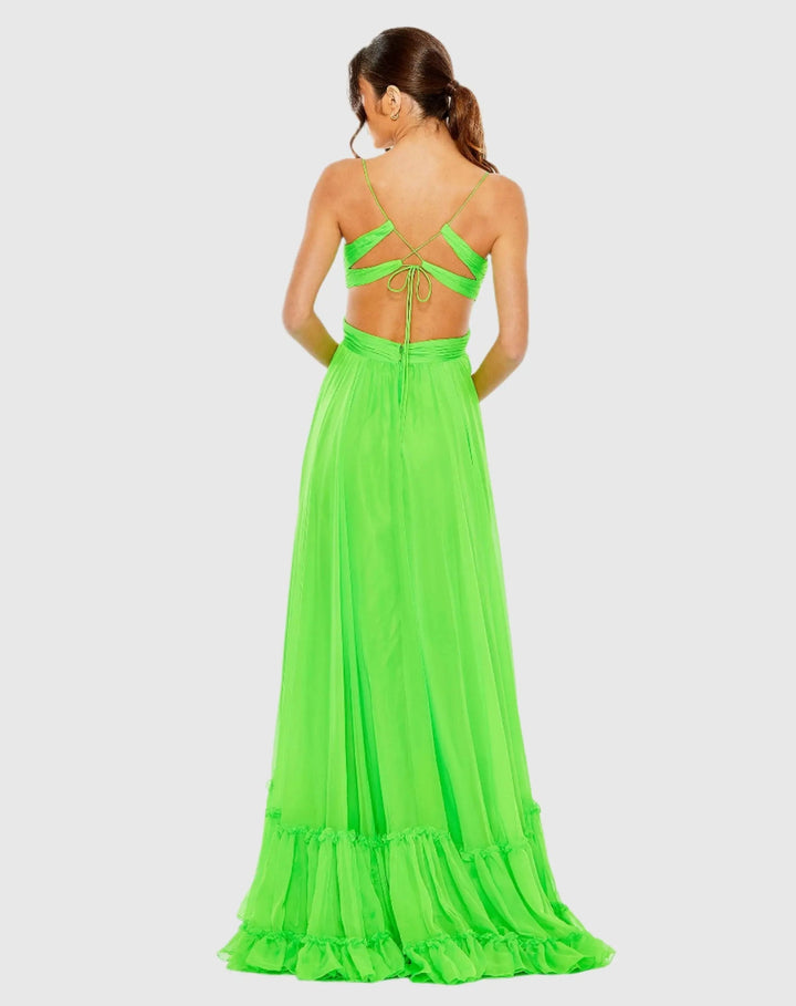 Mac Duggal 68477 Green Ruched Tiered Spaghetti Strap Gown