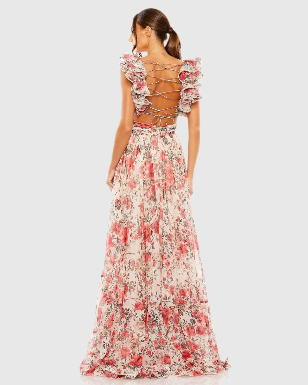 Mac Duggal 68518 Ruffle Tiered Floral Cut-Out Chiffon Gown