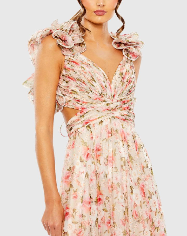 Mac Duggal 68519 Ruffle Tiered Cut-Out Chiffon Floral Gown