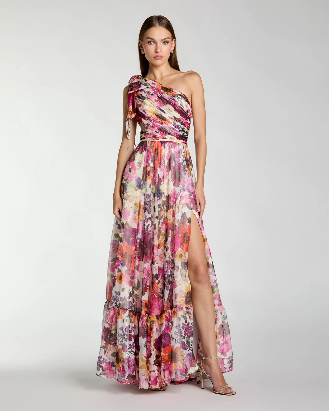 Multicolor One Shoulder Floral Printed Chiffon Side Cut Out Gown - FOSTANI.com