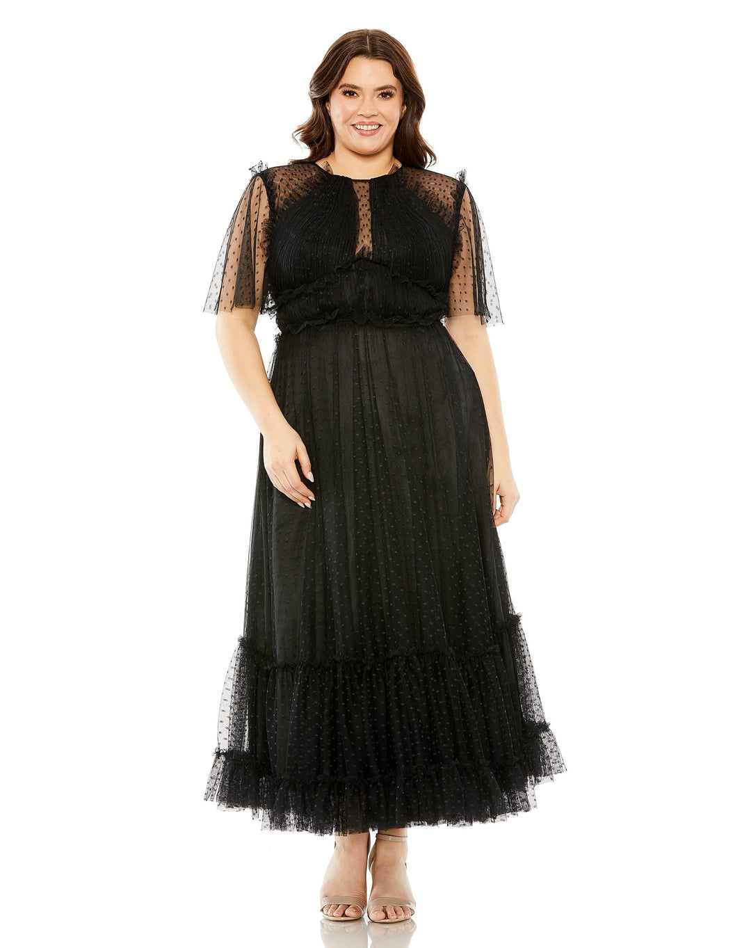 Mac Duggal Plus Size High Neck Tulle Polka Dot Detail Gown - Black Mac Duggal Plus Size High Neck Tulle Polka Dot Detail Gown - Black