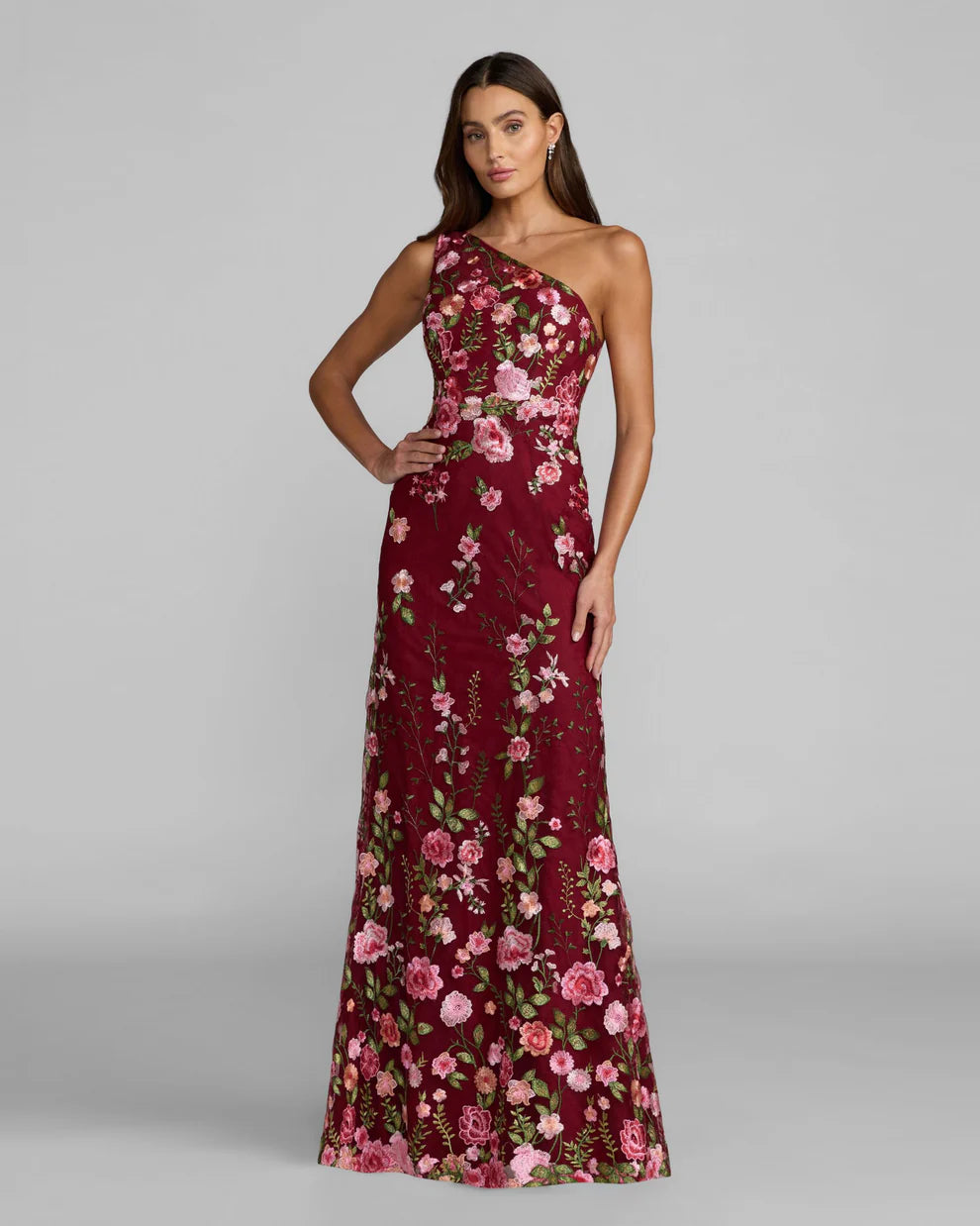 Mac Duggal 68606 Petite Green One Shoulder Floral Embroidered Gown