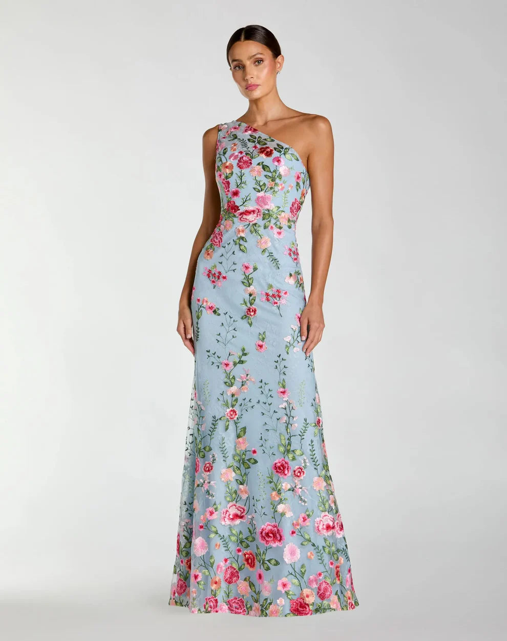 Mac Duggal 68606 Petite Green One Shoulder Floral Embroidered Gown