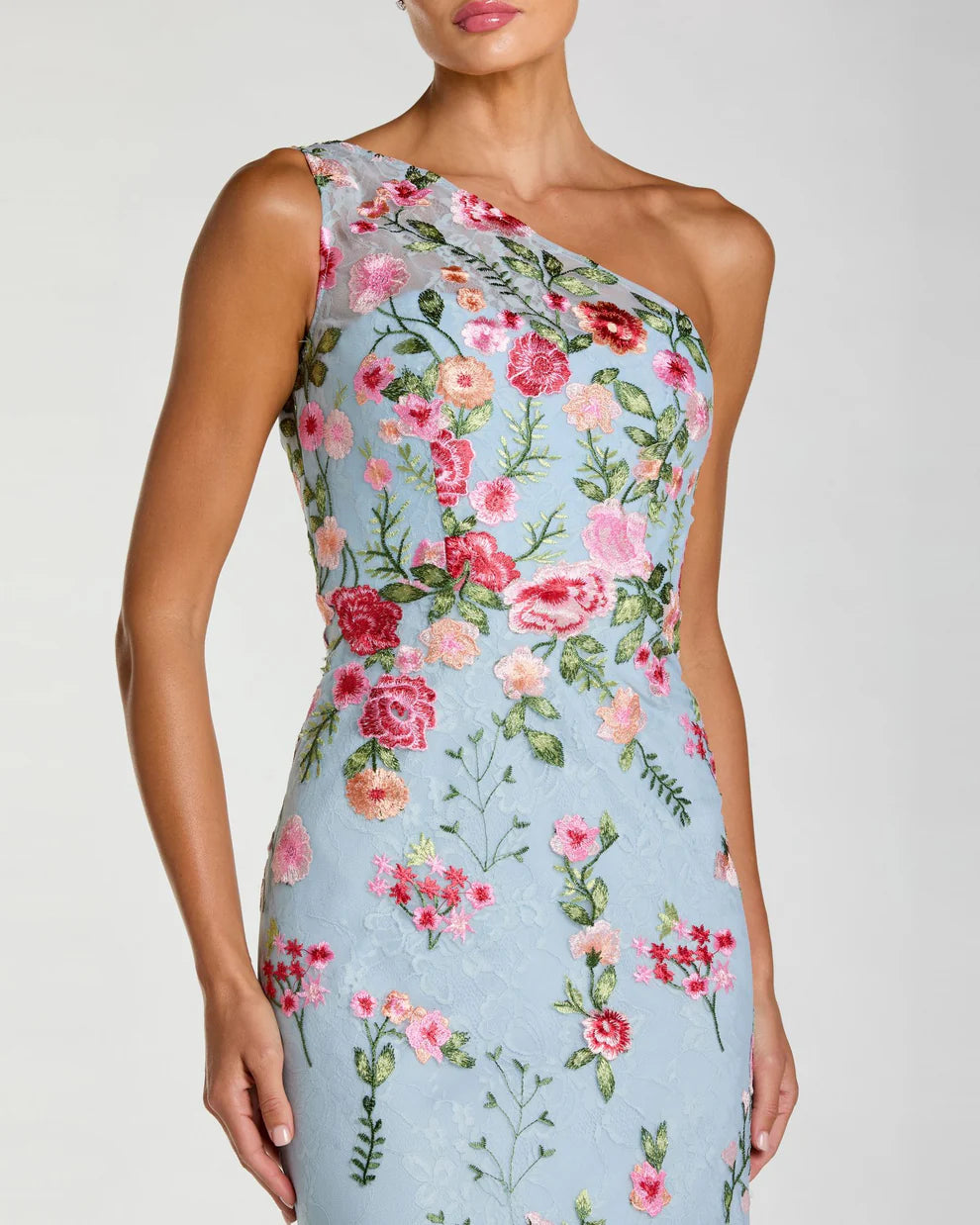 Mac Duggal - Blue One Shoulder Floral Embroidered Gown - US 8 Mac Duggal - Blue One Shoulder Floral Embroidered Gown - US 8