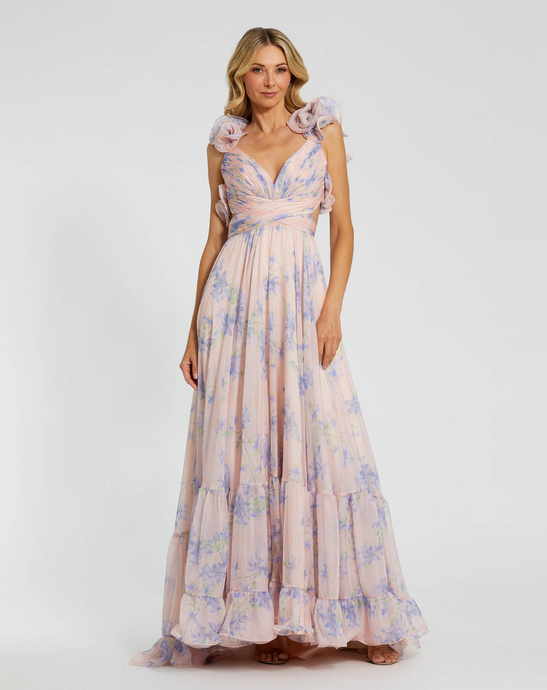macdougall dresses Mac Duggal Women's Ruffle Tiered Floral Cut-Out Chiffon Gown - Violet Multi