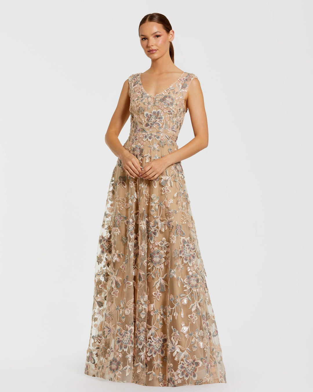 Beige Floral Embroidered Sleeveless V Neck Gown - FOSTANI.com