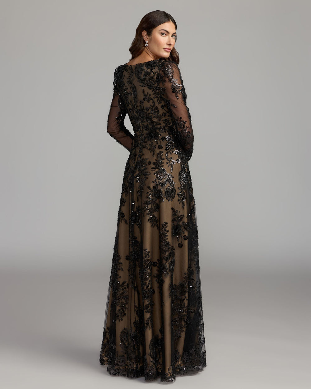 Mac Duggal 68908 Embroidered Long Sleeve V Neck Gown