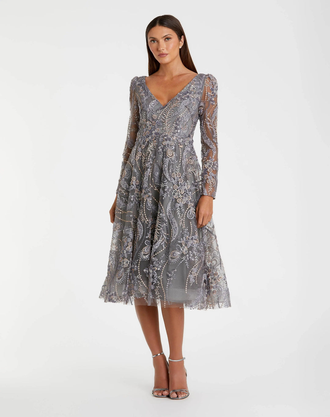 mac duggal long sleeve midi dress Mac Duggal Floral Embroidered Long Sleeve V Neck Midi Dress, Womens, 10, Charcoal