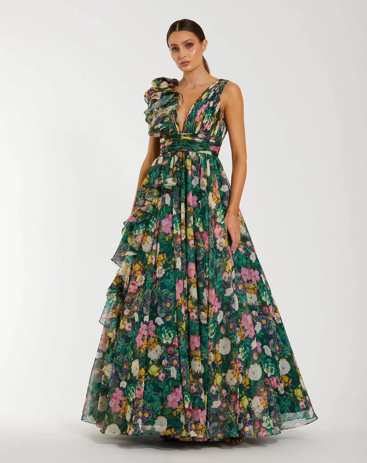 Mac Duggal 9948856P Petite Pink Ruffle Shoulder V-Neck Chiffon Gown