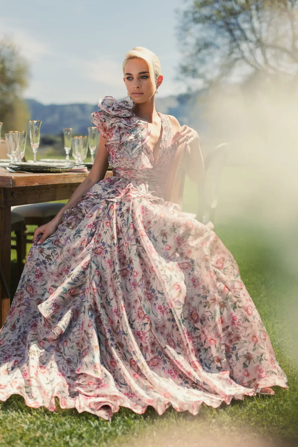 Mac Duggal 9948856P Petite Pink Ruffle Shoulder V-Neck Chiffon Gown