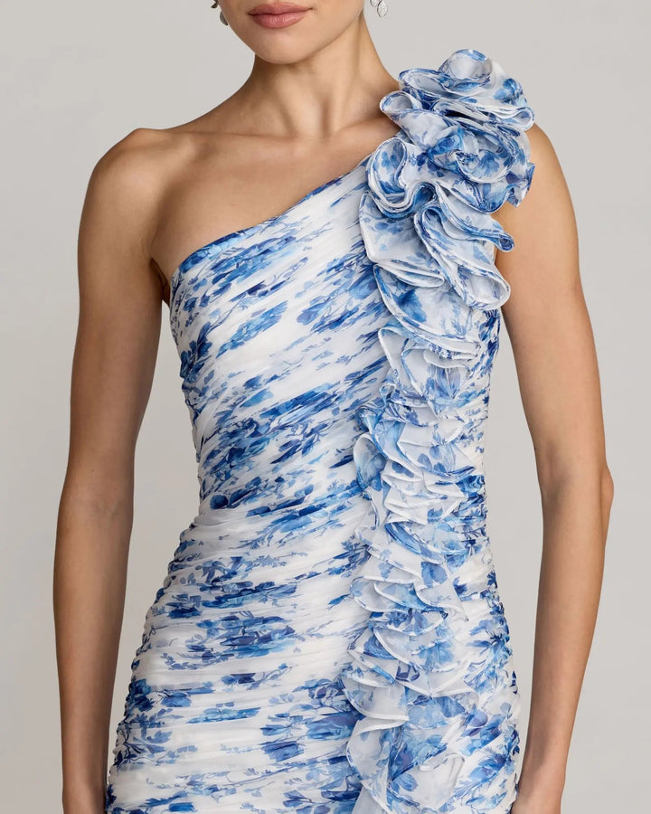 Blue Ruched Floral Chiffon Gown With 3D Ruffles - FOSTANI.com