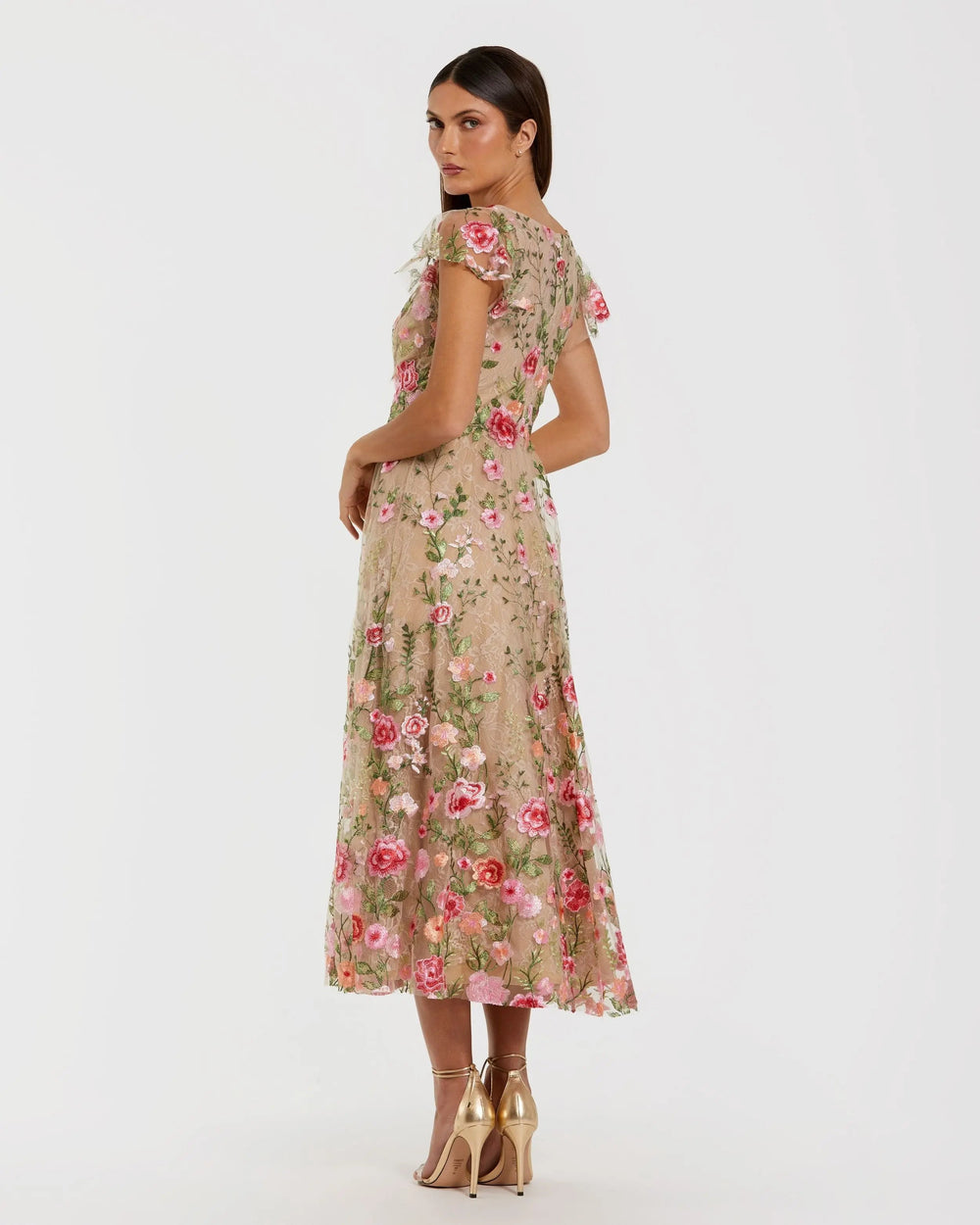 Beige Floral Embroidered Flutter Sleeve Midi Dress - FOSTANI.com