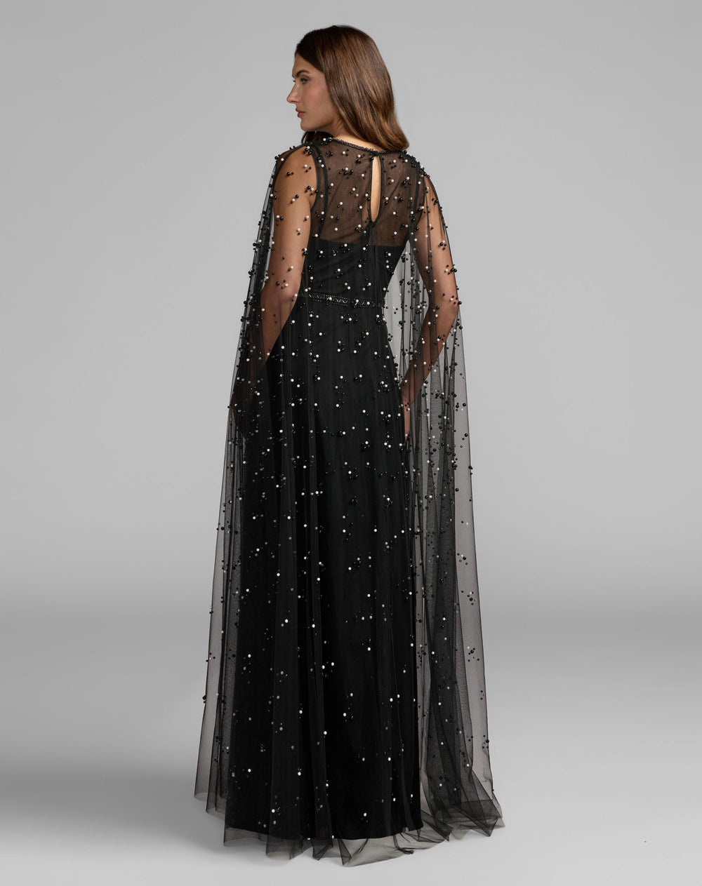 Mac Duggal 69025 Pearl Embellished Tulle A-Line Gown With Cape