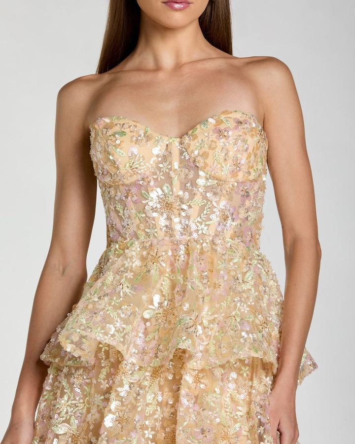 Gold Embellished Strapless Sweetheart Ruffle Gown - FOSTANI.com