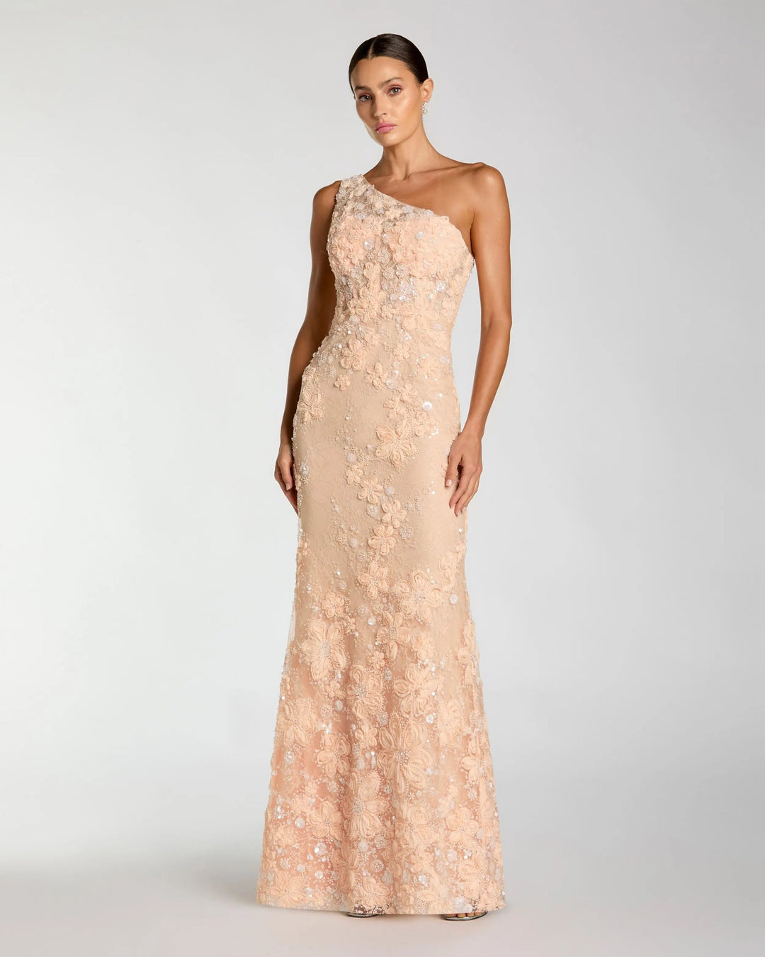 Orange One Shoulder Floral Appliqué Sequin Gown - FOSTANI.com
