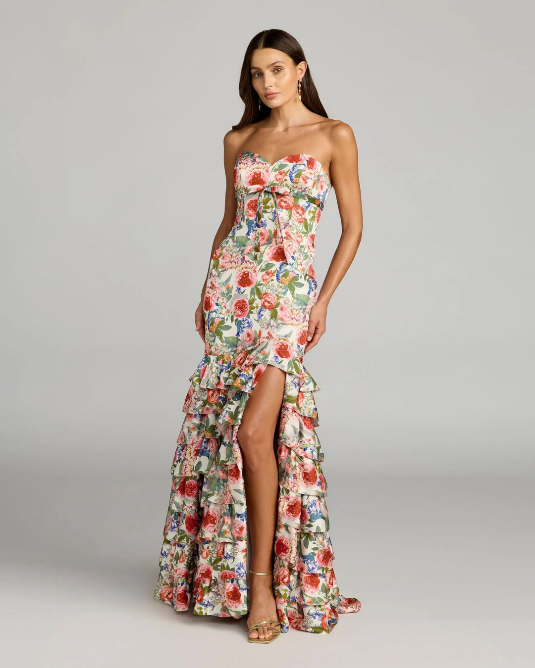 Multicolor Floral Strapless Ruffle Hem Mermaid Gown - FOSTANI.com