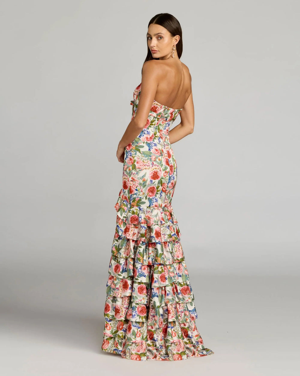 Multicolor Floral Strapless Ruffle Hem Mermaid Gown - FOSTANI.com