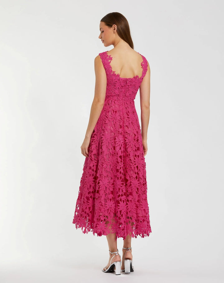 Pink Sleeveless Embroidered Lace A Line Midi Dress - FOSTANI.com