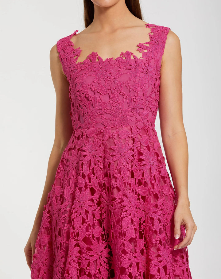 Pink Sleeveless Embroidered Lace A Line Midi Dress - FOSTANI.com