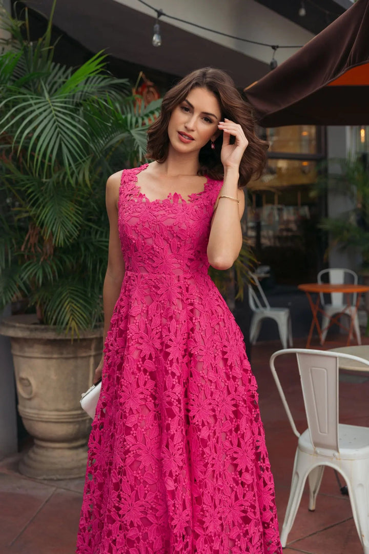Pink Sleeveless Embroidered Lace A Line Midi Dress - FOSTANI.com