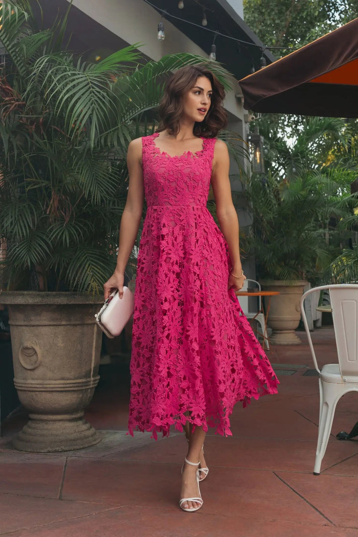 Pink Sleeveless Embroidered Lace A Line Midi Dress - FOSTANI.com