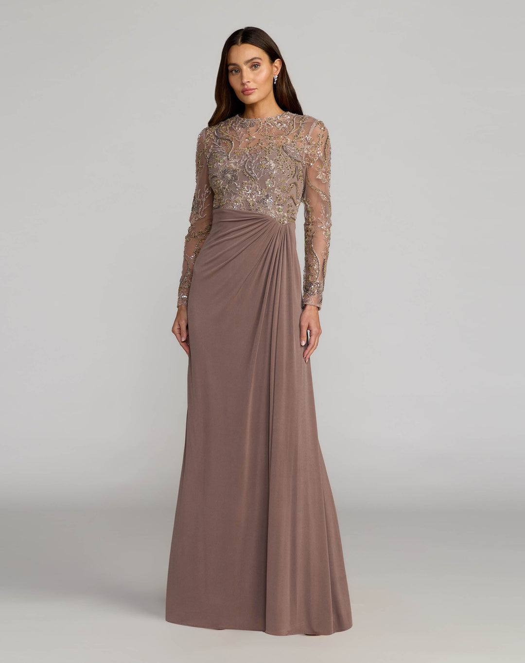 Mac Duggal 69121 Brown Embroidered Illusion Long Sleeve Draped Gown