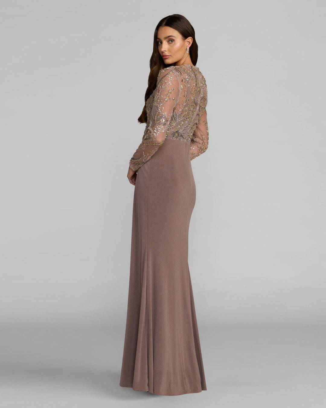 Mac Duggal 69121 Brown Embroidered Illusion Long Sleeve Draped Gown