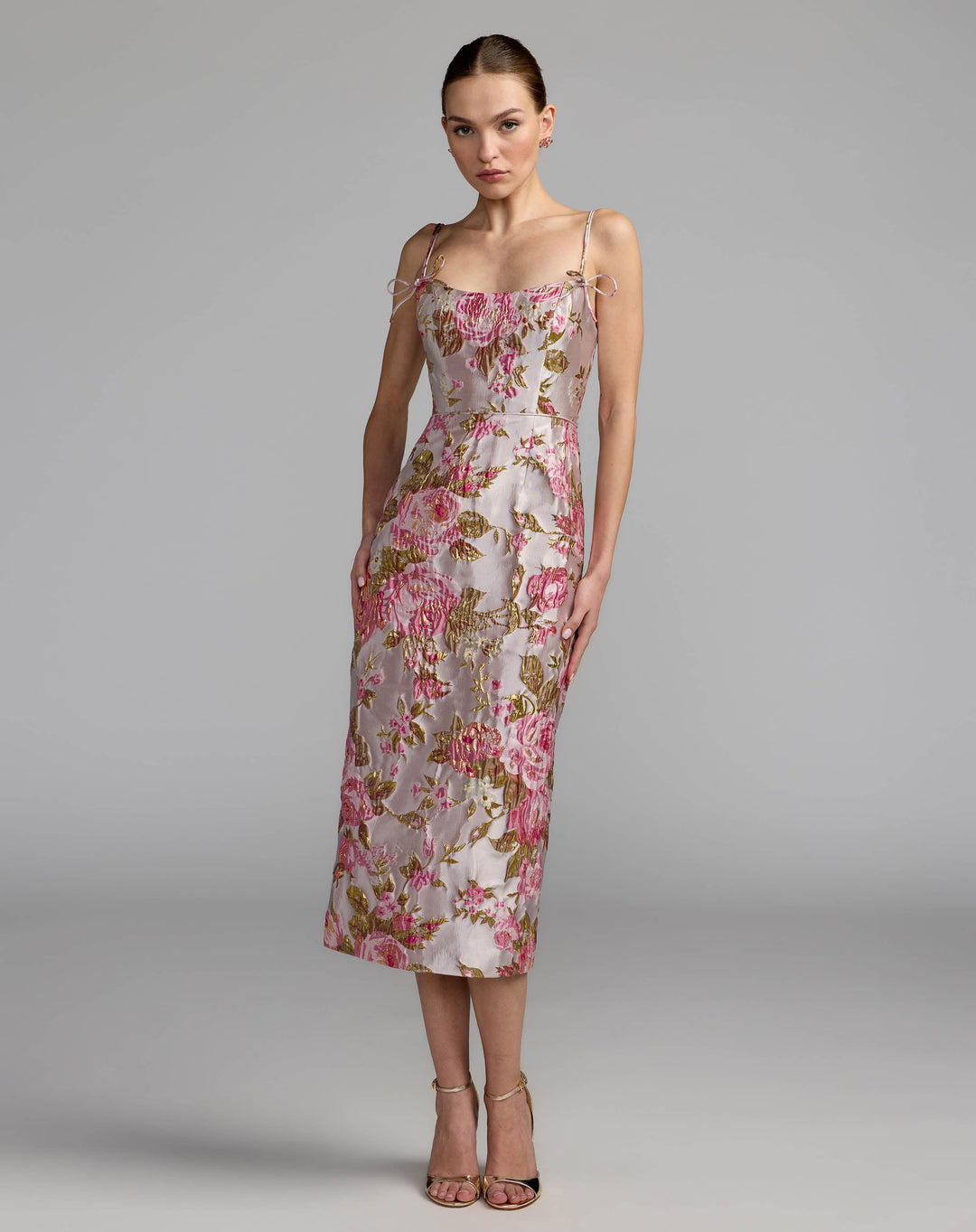 Light Pink Floral Brocade Bow Strap Midi Dress