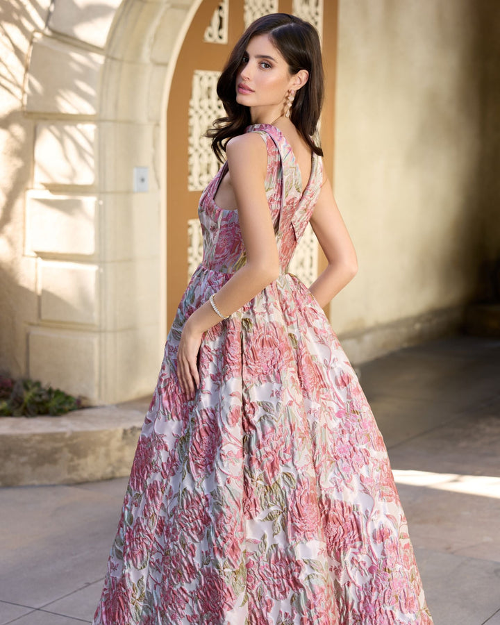 Mac Duggal 69177 Pink Sleeveless Brocade V-Back Ball Gown
