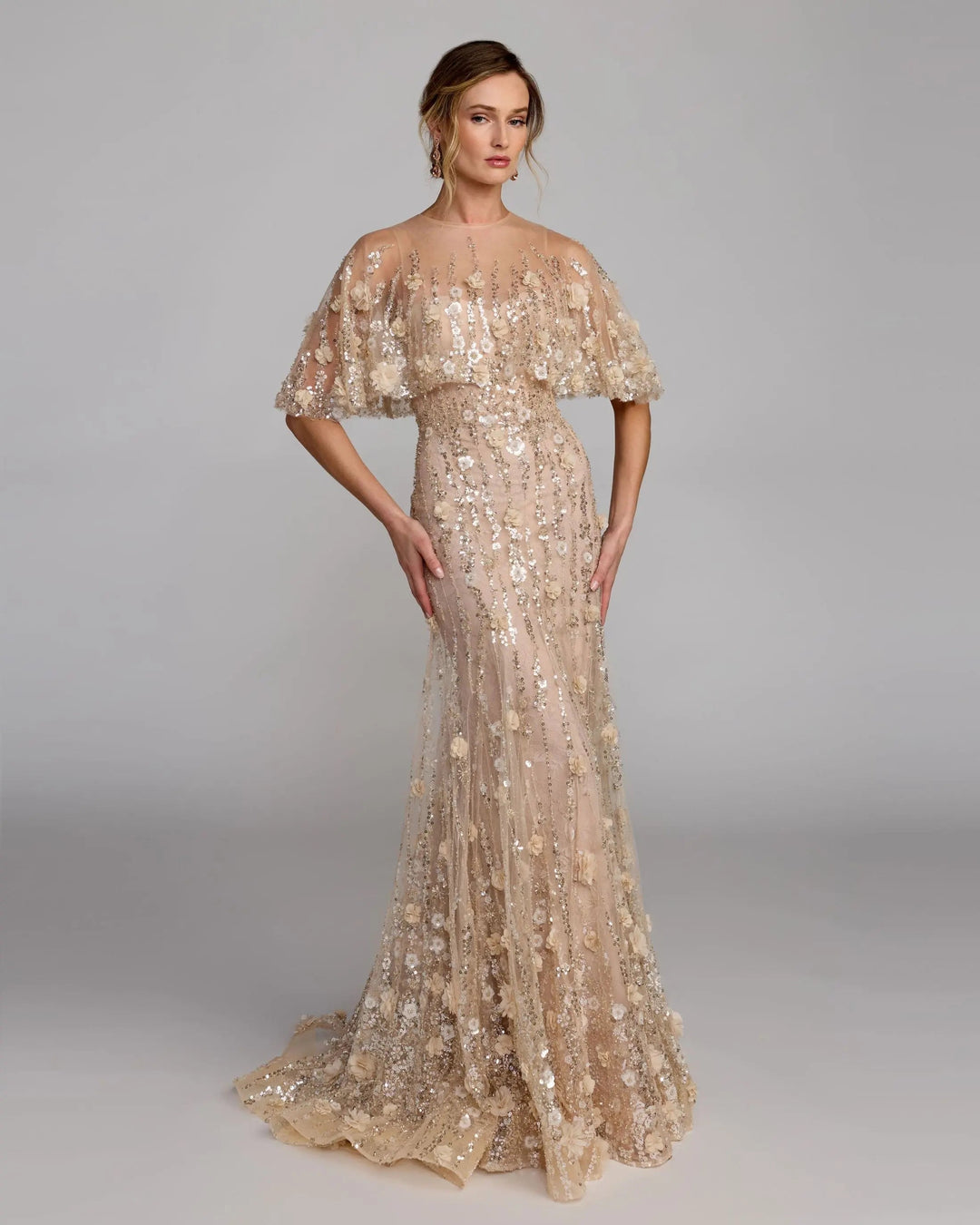 Mac Duggal 69188 Beige Embellished Cape Sleeve Gown - FOSTANI.com