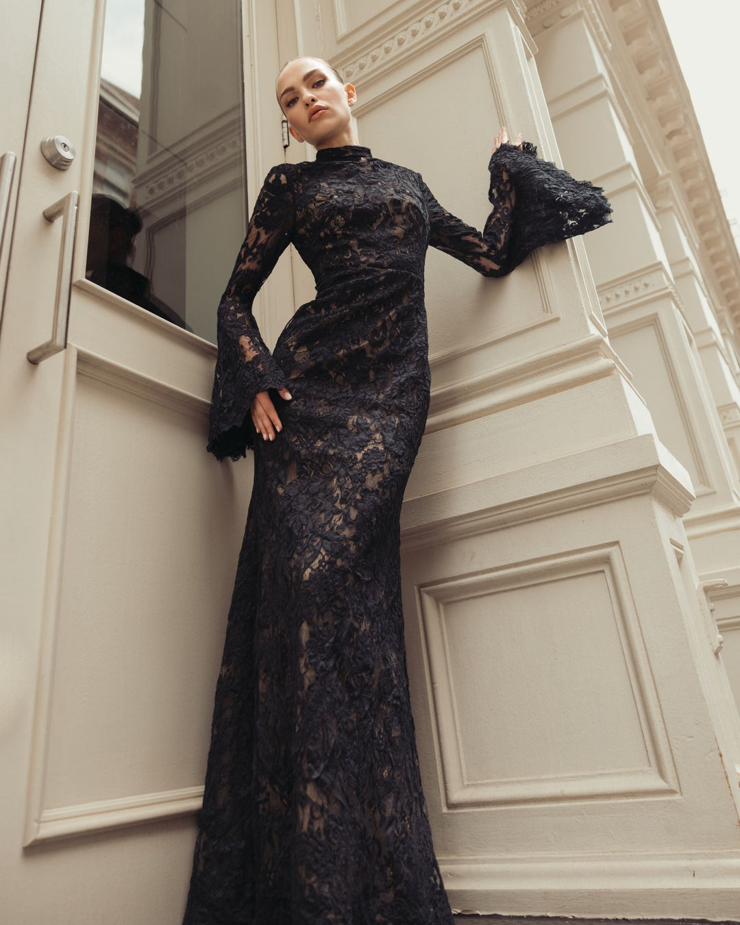 Mac Duggal 69425 Mock Neck Long Sleeve Lace Gown