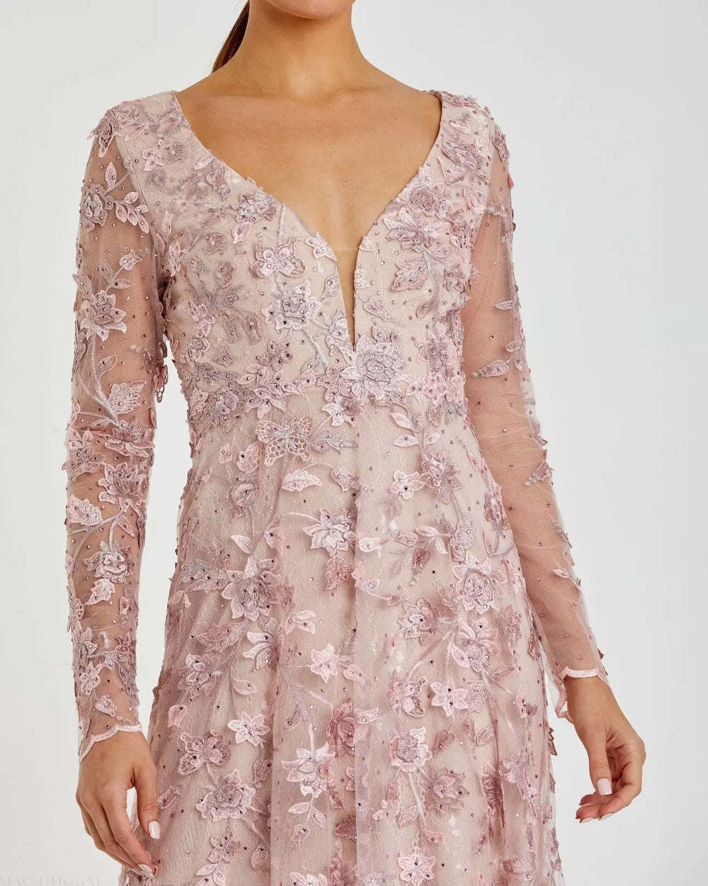 Pink Floral Applique Long Sleeve Illusion Gown - FOSTANI.com