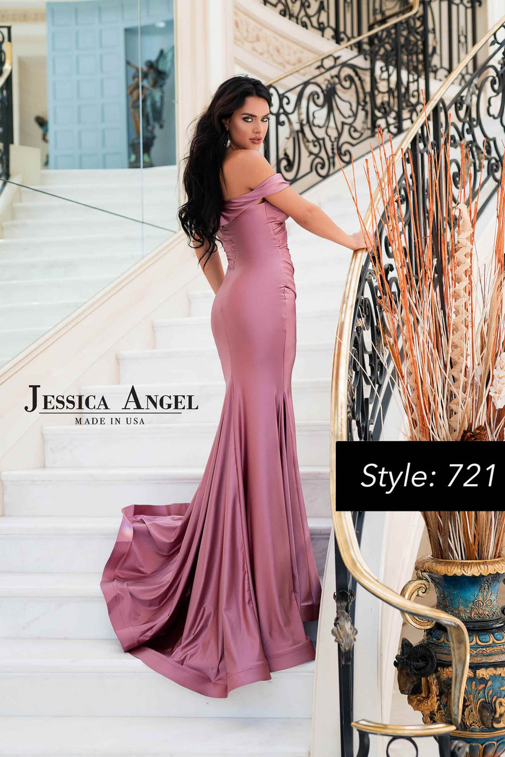 Jessica Angel 721 pleated mermaid gown with train back view