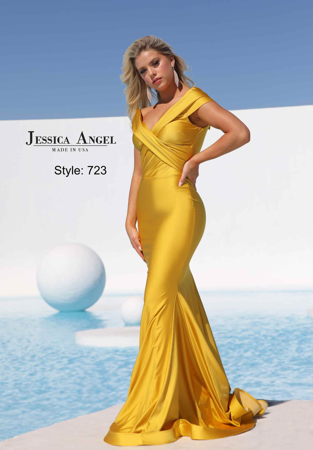 Jessica Angel 723 off shoulder wrap neckline jersey mermaid gown front view