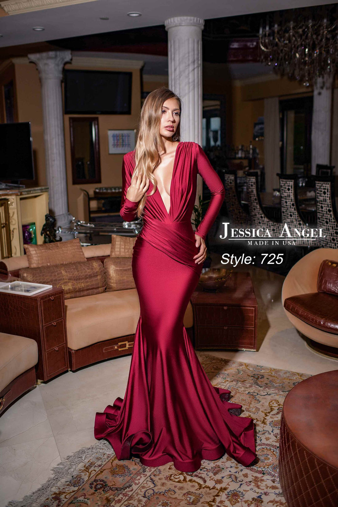 Jessica Angel 725 long sleeve plunging V-neck mermaid gown front view