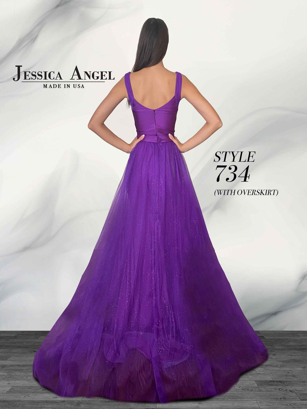 Jessica Angel 734B scoop back gown with overskirt back view