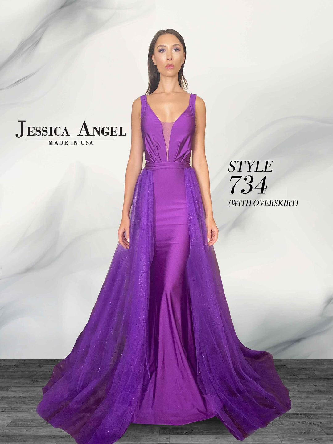 Jessica Angel 734B V-neck gown with sheer overskirt front view