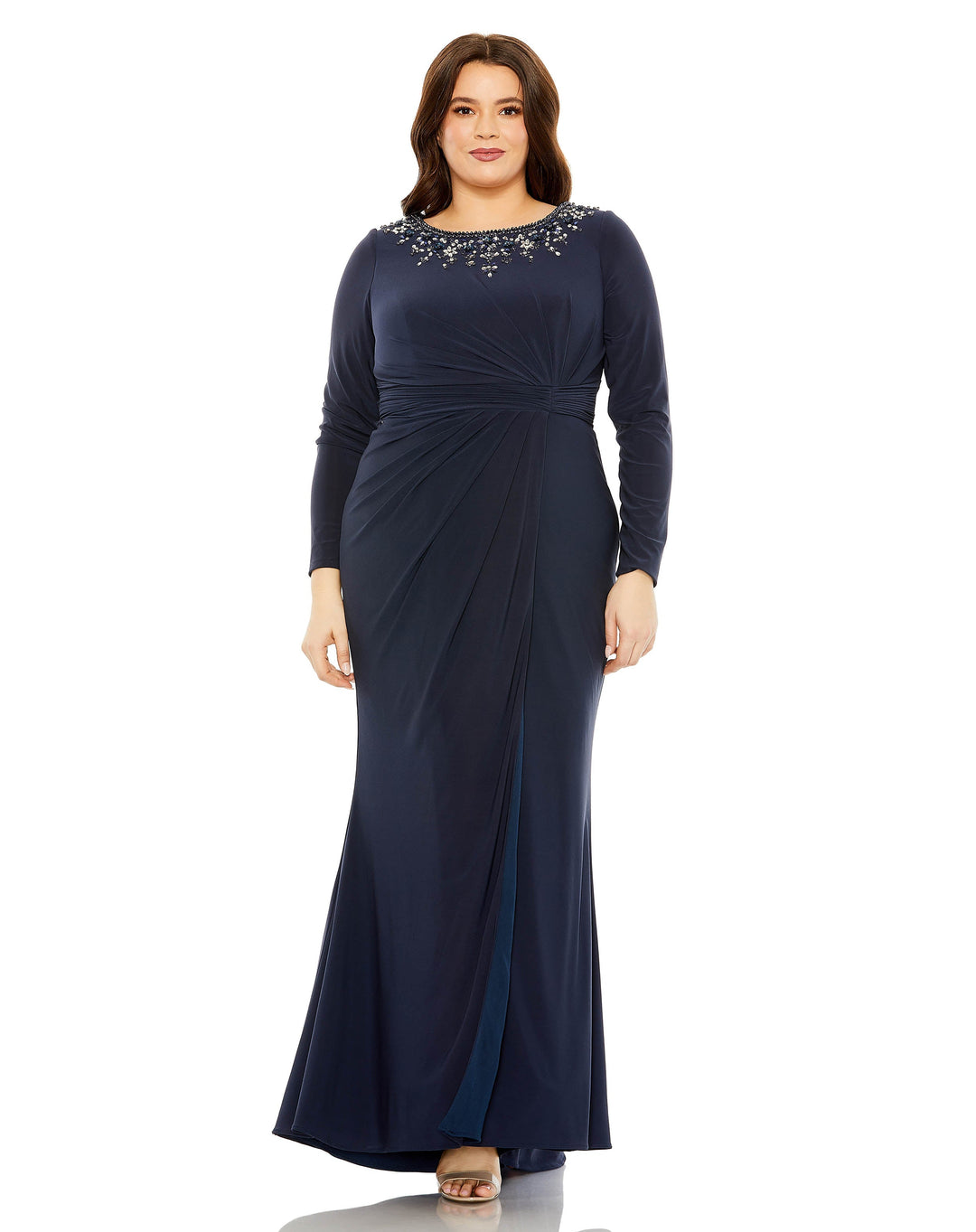 Mac Duggal Long Sleeve Embellished Neckline Jersey Gown - Midnight Mac Duggal Long Sleeve Embellished Neckline Jersey Gown - Midnight