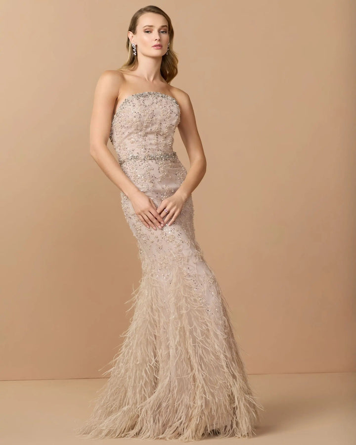 Beige Strapless Embellished Mermaid Gown With Feather Hem - FOSTANI.com