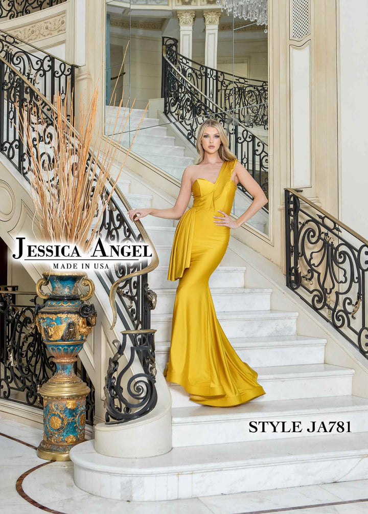 Jessica Angel 781 one shoulder draped jersey gown front view