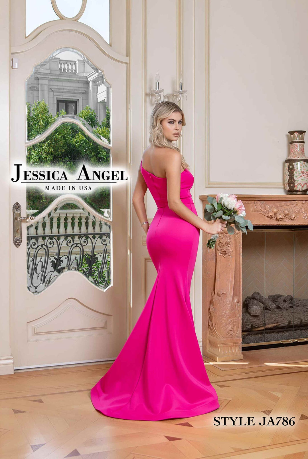 Jessica Angel 786 one shoulder scuba matte gown back view