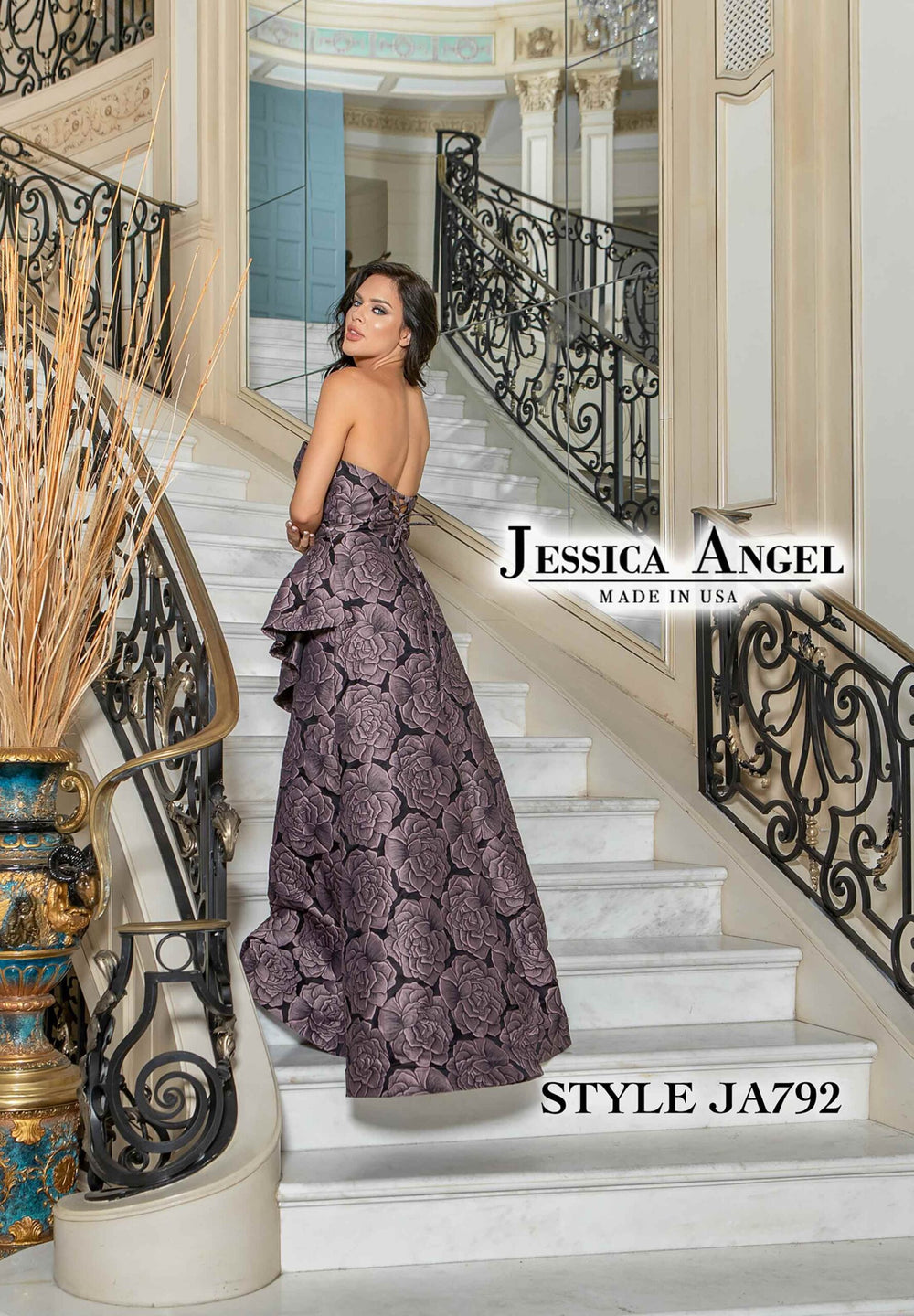 Jessica Angel 792 strapless brocade peplum gown with slit back view