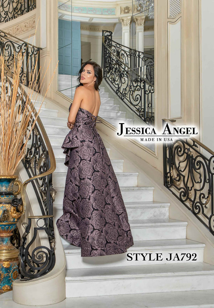 Jessica Angel 792 strapless brocade peplum gown with slit back view