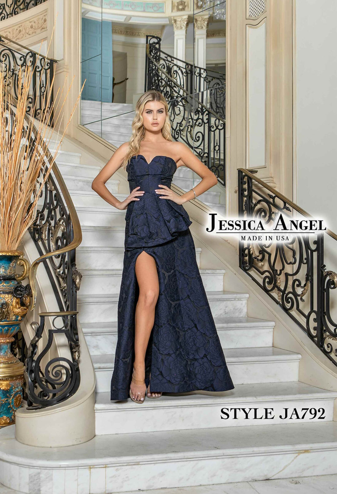Jessica Angel 792 strapless brocade peplum gown with slit front view