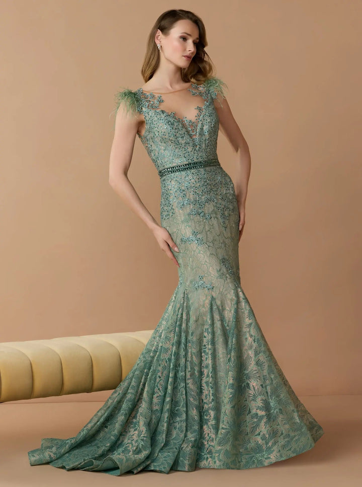 Mac Duggal 79230 Green Embellished Lace High Neck Gown With Feather Sleeves