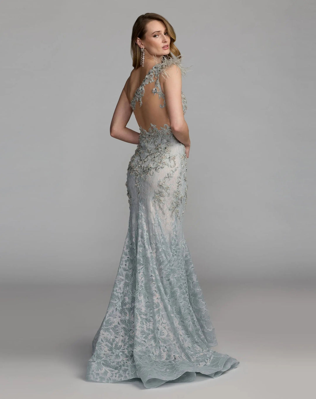 Mac Duggal 79264 Embellished Lace One Shoulder Gown With Feather Detail