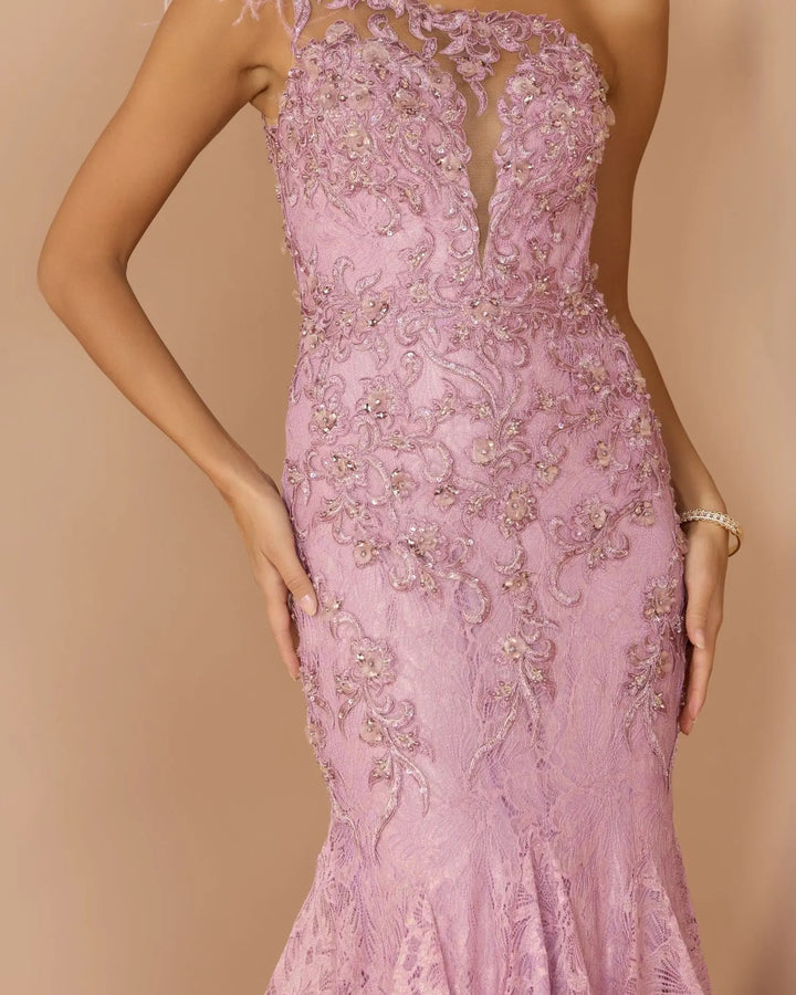 Mac Duggal 79264 Pink Embellished Lace One Shoulder Gown With Feather Detail